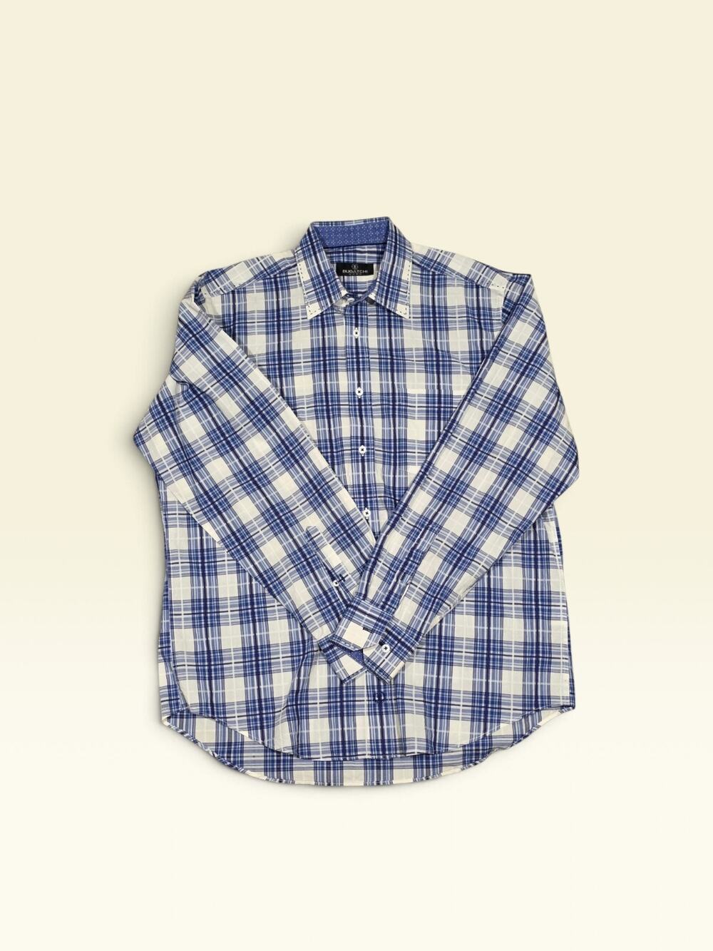 Bugatchi Uomo Mens Large Shirt Blue White Plaid Long Sleeve Button Up Dress L